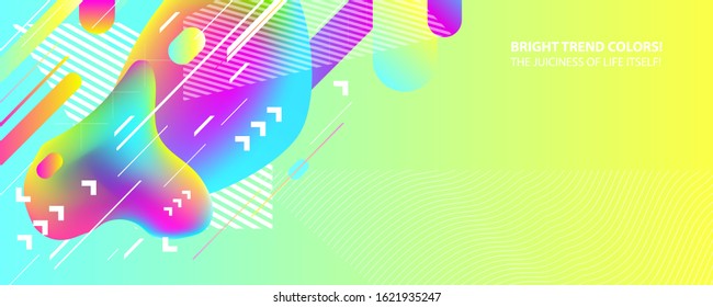 Bright juicy summer abstract fluid creative banner, trendy bright neon colors with dynamic linear and waves. Universal geometric design