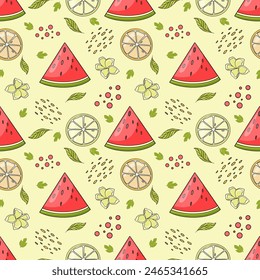 Bright juicy summer pattern with slices of watermelon, orange and lemon