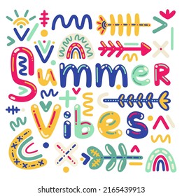 Bright juicy summer vector poster. Kawaii cartoon elements and cliparts, doodles and stickers with 3D inscription and positive Hawaiian retro vibes for decor, interior, print, typography, textile