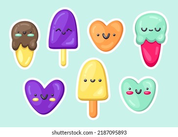 Bright juicy summer vector set of stickers and icons. Cute kawaii 3d emoji ice creams, popsicle on a stick. Vintage retro patches, pins and badges for print, cards, decor, textiles, kids, interior