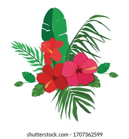 Bright and juicy tropical flowers and leaves. Simple flat illustration for your unique design.