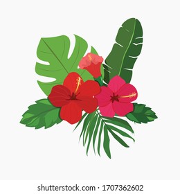 Bright and juicy tropical flowers and leaves. Simple flat illustration for your unique design.