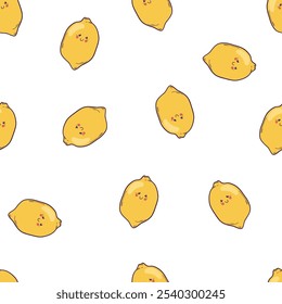 Bright and juicy vector seamless pattern with yellow smilling lemons on white background