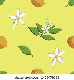 Bright, juicy, yellow pattern, with lemons, flowers and greenery.Fashionable print. Lemon. Flowers. Pattern. Citrus
