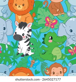 Bright Jungle Animals Seamless Pattern Cute Safari Vector with Zebra, Elephant, Hippo, Lion, Crocodile and Leaves Hand Drawn