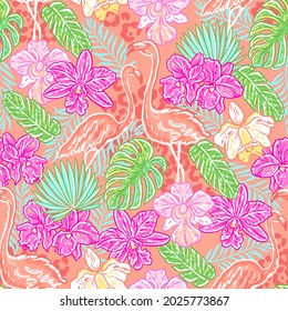 Bright jungle with flamingo  and tropical leaves and orchids. Vector seamless pattern with hand drawn illustrations