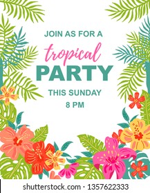 Bright jungle flowers and palm leaves. Tropical party vector illustration. Place for your text. Seasonal template for vacation, poster, banner, flyer, invitation. Flat and line style.