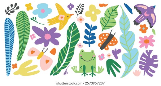 Bright jungle illustration featuring green leaves, colorful flowers, a yellow bird, a frog, and a butterfly. Perfect for children  tropical nature and kids wildlife themes.