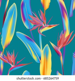 Bright jungle plant Strelitzia Reginae known as crane flower, bird of paradise vector background illustration, fabric print, textile. South African tropical flower seamless pattern.