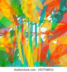 Bright jungle vector pattern. Multicolored tropical leaves print. Abstract botanical wallpapers in yellow, red, green, orange colors. Watercolor tropical pattern