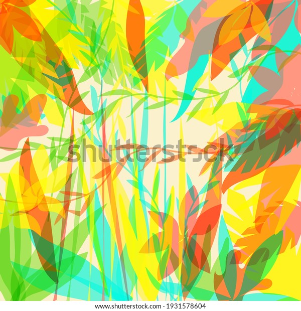 Bright jungle vector pattern. Multicolored tropical leaves print. Abstract botanical wallpapers in yellow, red, green, orange colors