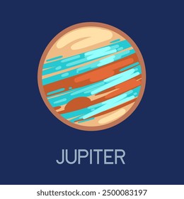 Heller Jupiter-Planet mit Titel. Planet des Sonnensystems mit dynamischen Wirbeln und Texturen. Perfekt für Bildungsinhalte und Astronomie. Vektorgrafik einzeln auf dunkelblauem Hintergrund.