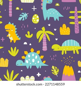 Bright jurassic pattern with cute dino. Seamless vector print with abstract dinosaurs for baby textile and fabric.