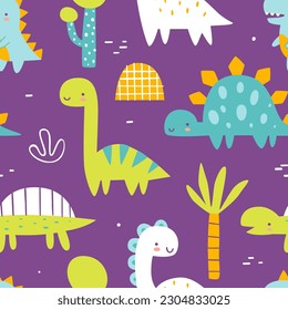 Bright jurassic pattern with cute dino. Seamless vector print with abstract dinosaurs for baby textile and fabric.