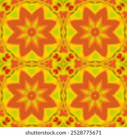 Bright kaleidoscope pattern. Halloween-themed color palette. Red, orange, yellow, and green hues. Symmetrical and intricate design. Seamless pattern. Stained glass watercolor design.