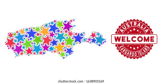 Bright Kangaroo Island map collage of stars, and textured round red WELCOME stamp. Abstract territorial plan in bright shades. Vector Kangaroo Island map is designed from bright stars.