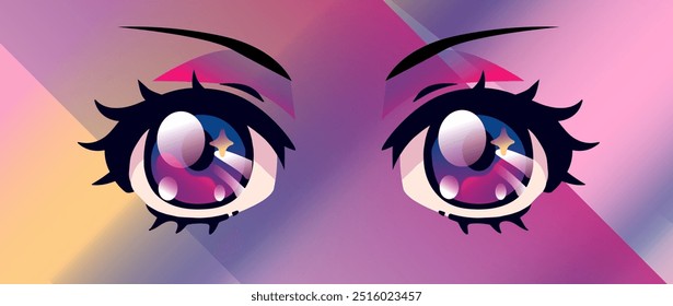 Ojos de anime kawaii brillantes con pestañas largas sobre fondo pastel degradado atmosférico.