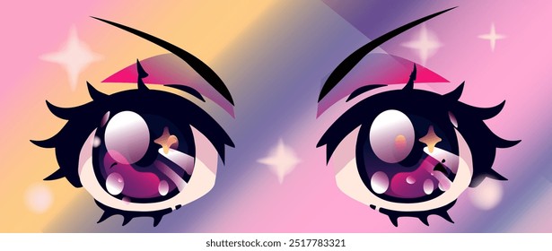 Ojos de anime kawaii brillantes con pestañas largas sobre fondo rosado pastel y violeta degradado atmosférico.