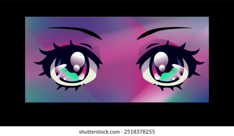 Bright kawaii anime eyes with long lashes on atmospheric gradient violet background.