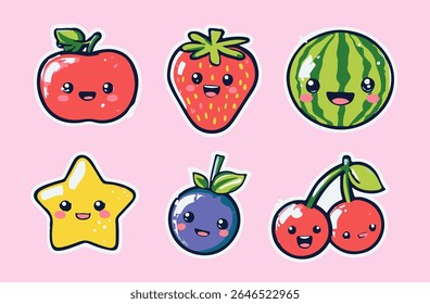 Bright kawaii-style vector illustration with cute apple, strawberry, watermelon, star, plum, and cherries on pink. Uses trendy flat design, bold outlines, rounded shapes, and vibrant colors.