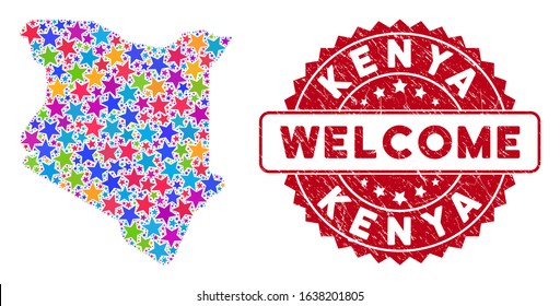 Bright Kenya map composition of stars, and scratched rounded red WELCOME seal. Abstract territory plan in bright color tints. Vector Kenya map is formed of bright stars. Designed for political,
