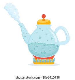 Bright kettle with boiling water. Cartoon vector