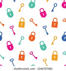 Bright keys and padlocks silhouettes. Seamless pattern with colorful keys and locks on a white background.
