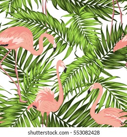 Bright khaki green jungle palm tree leaves. Pink exotic flamingo wading birds. Overlapping tropical seamless pattern on white background. Vector design illustration for fashion, textile, decoration.