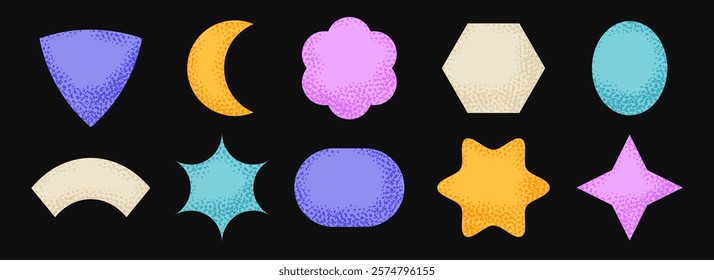 Bright kid sticker shape collection. Primitive geometric label element pack. Childish textured patch element bundle. Set of abstract dotted blank badges for price tag and sale promotion. Vector