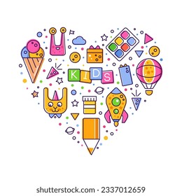 Bright Kids Design with Line Colorful Icons Arranged in Heart Vector Template