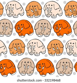 Bright kids seamless pattern with picture of a cartoon elephants in yellow and orange tones. Vector illustration.