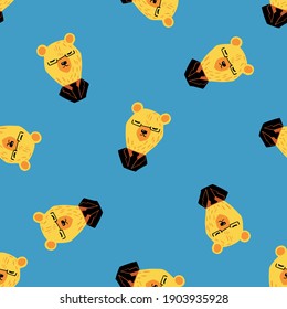 Los niños brillantes son un patrón impecable con siluetas amarillas de osos de doodle con esmoquin y gafas. Fondo azul. Impresión vectorial plana para textiles, tela, giftwrap, papel pintado. Ilustración sin fin.