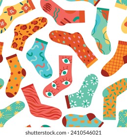 Bright kids socks. Repeated cotton footwear, colorful textile elements, trendy hipster designs, modern ornaments, vector seamless pattern.eps
