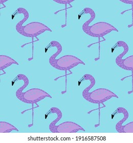 Helle Kinder Stil nahtlose Muster mit Cartoon violette Flamingo Silhouetten. Blauer Hintergrund. Grafisches Design für die Verpackung von Papier und Texturen aus Stoff. Vektorgrafik.