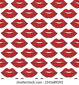 Besos brillantes labios patrón vectorial sin fisuras. Ilustración vintage dibujada a mano sobre fondo blanco. La boca de las mujeres pintada con lápiz labial rojo. Fondo hippie retro para la decoración, diseño de camisetas 