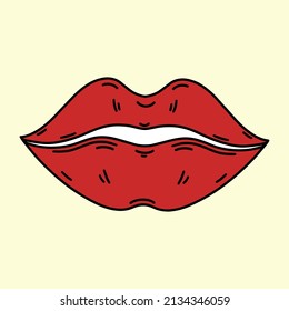 Icono vectorial de los labios de besos brillantes. Ilustración vintage dibujada a mano. La boca de las mujeres pintada con lápiz labial rojo. Impresión hippie retro para decoración, diseño de camisetas, pegatinas, tarjeta. Doodle plano, estilo de los años 70 