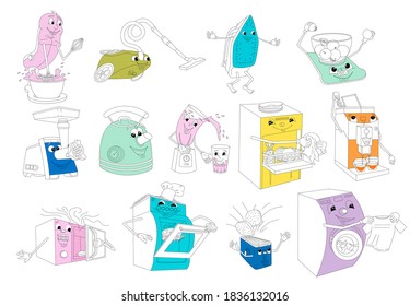 Bright kitchen devices have fun, sketch set. Household tools to help household chores, vector illustration