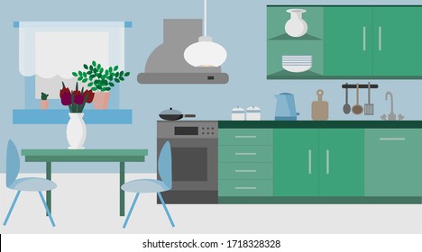 Bright kitchen in flat design. In green. Vector image, eps 10  version