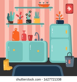 Bright kitchen with a green corner. Kitchen with fridge, sink, shelves, carpet, potted plants. Ecology at home. Simple flat vector cartoon illustration.