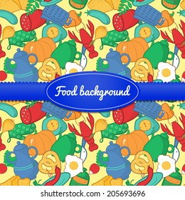 Bright kitchen vector illustration in cartoon style with ribbon and label