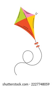 Bright kite icon. Paper toy on rope for outdoor play. Poster or banner for website. Entertainment and rest, hobby and leisure. Active lifestyle and recration. Cartoon flat vector illustration