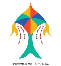 Bright kite vector icon. Hand-drawn color doodle. Paper toy with a tail, beads, ribbons. Festive object for decoration, design of cards, printing, textiles, flyers, labels, web. Concept for Makar Sank