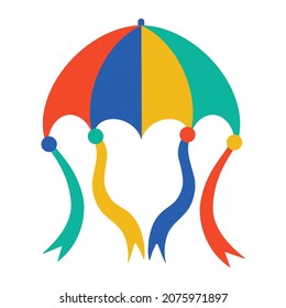 Bright kite vector icon. Hand-drawn color doodle. Paper toy in the shape of an umbrella with ribbons, beads. Flat style. Concept for decoration, design, preparation for the Makar Sankranti festival