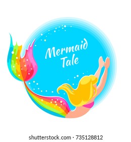 Bright label with a mermaid isolated on white background. Mermaid with a rainbow tail in a cartoon style. Vector illustration.