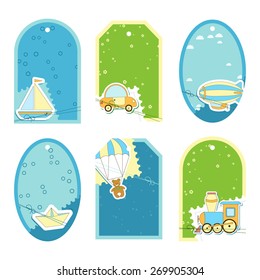 Bright labels with cartoon transport