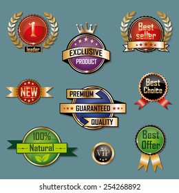 Bright labels with ribbons, stars and crowns. Vector illustration.