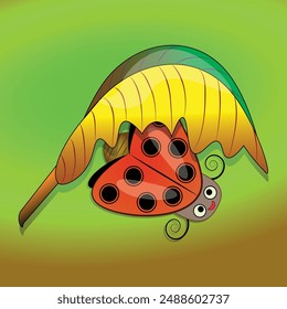 A bright ladybug hiding under autumn leaf