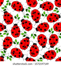 Bright ladybugs and green leaves: seamless pattern with transparent background. Vector graphics.