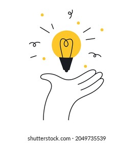 A bright lamp above the palm the hand  Ideas  think outside the box  imagination  solution    effort  Thin line vector illustration white background 