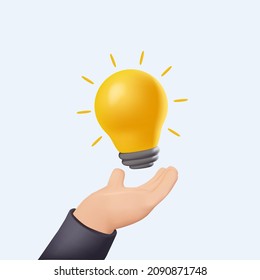 A bright lamp above the palm the hand  Ideas  think outside the box  imagination  solution    effort  3D vector illustration white background  3D free to edit  Brainstorm  big idea  business